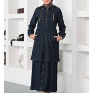 NWT Denim Hooded Jacket and Button Skirt Set Dark Blue - size 46 EUR, fits small
